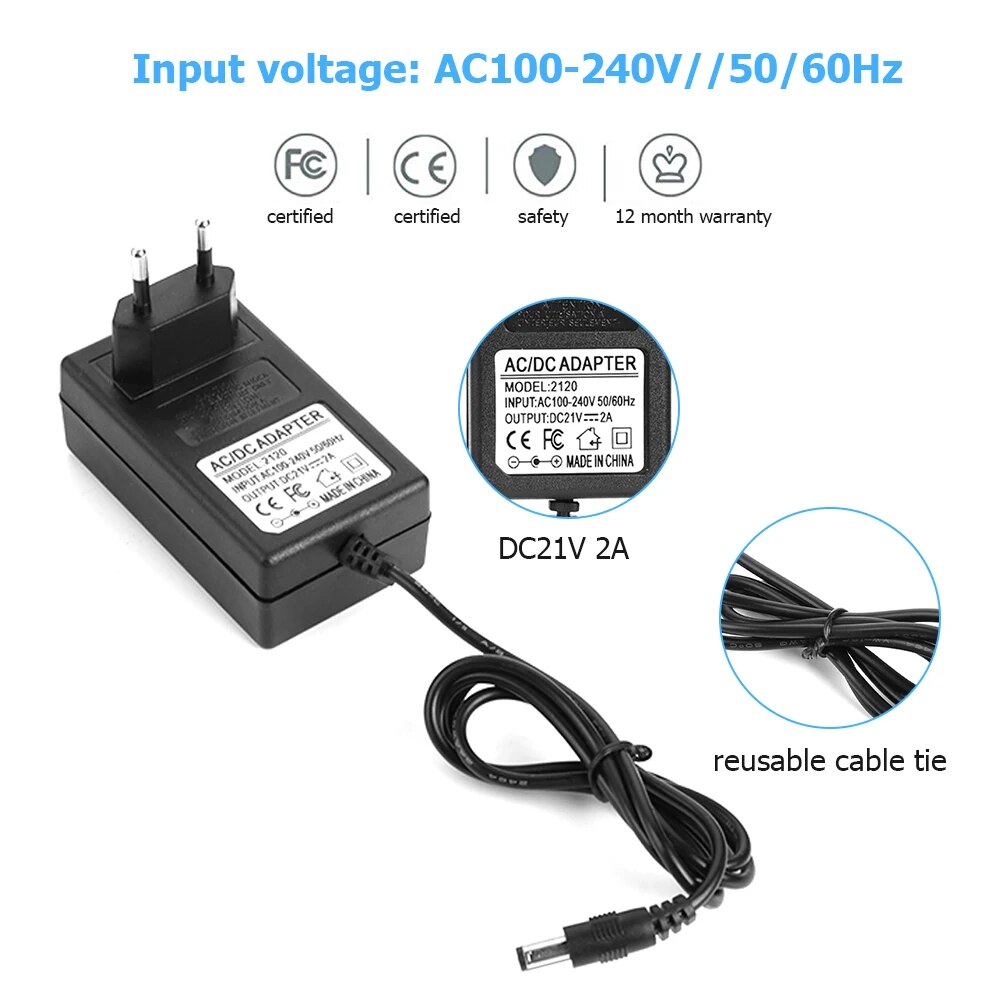 DC 21V 2A 18650 Lithium Battery Charger with 5.5 * 2.5mm Output Port Safe Charger Power Adapter Module Buck Stabilized Voltage