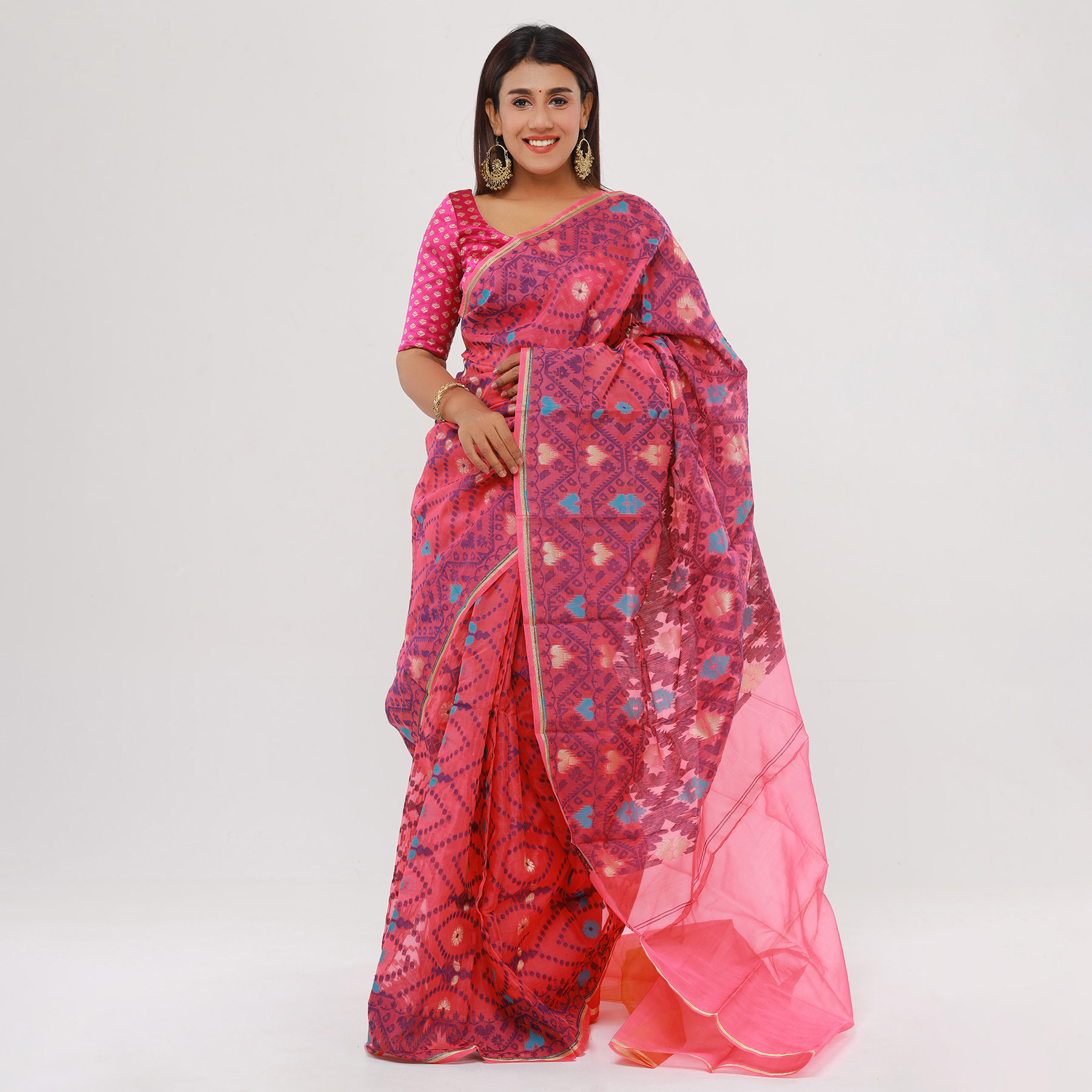 Tangail Tat Multi Colour Moslin Jamdani Saree for Women
