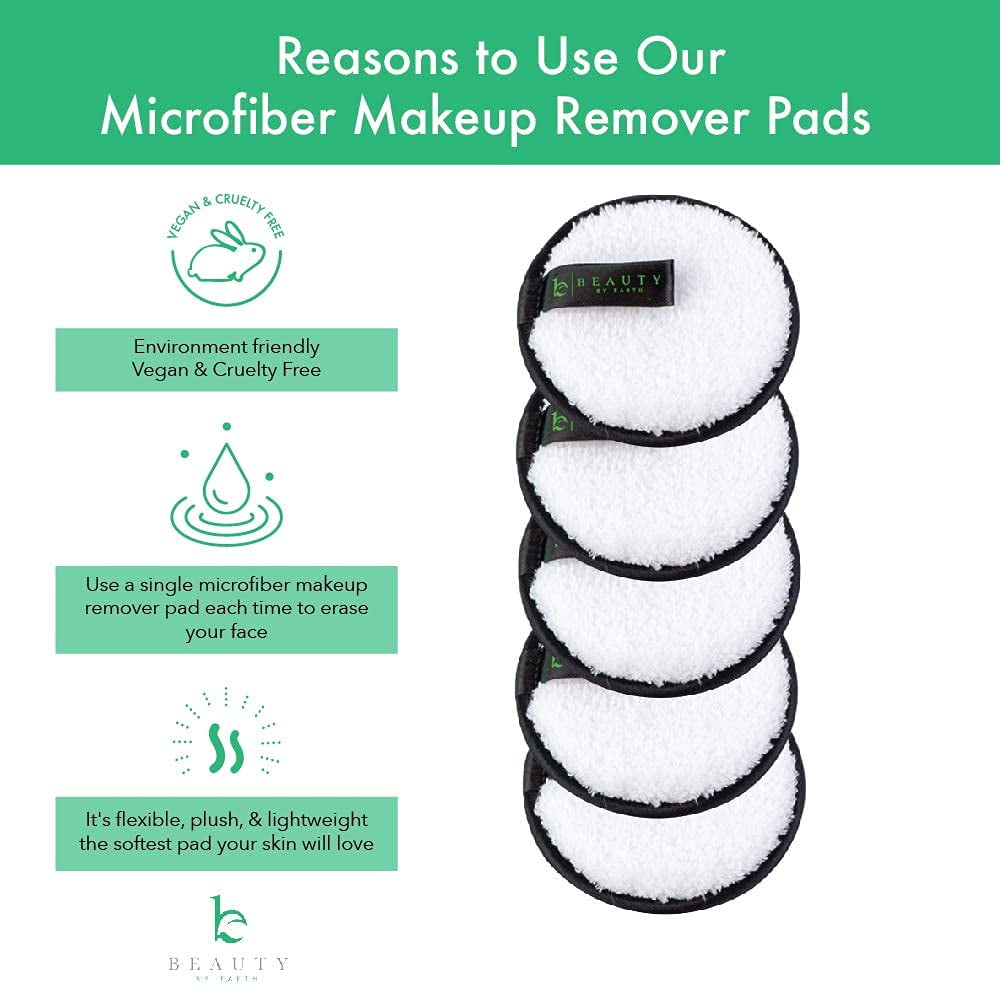 Beauty by Earth Reusable Microfiber Makeup Remover Pads - Pack of 5 Face  Wipes for Women to Remover Make Up, For Face Makeup or as Eye Makeup  Remover, Includes Small Laundry Bag