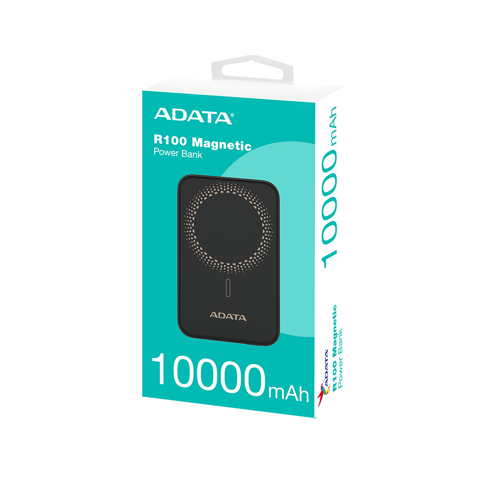 ADATA R100 10000mAh Magnetic Power Bank - Portable magnetic wireless charging - QC/PD 20W fast charging - Simultaneous 3-device charging - Multiple circuit protection mechanisms - Integrated foldable stand designed into back plate. 