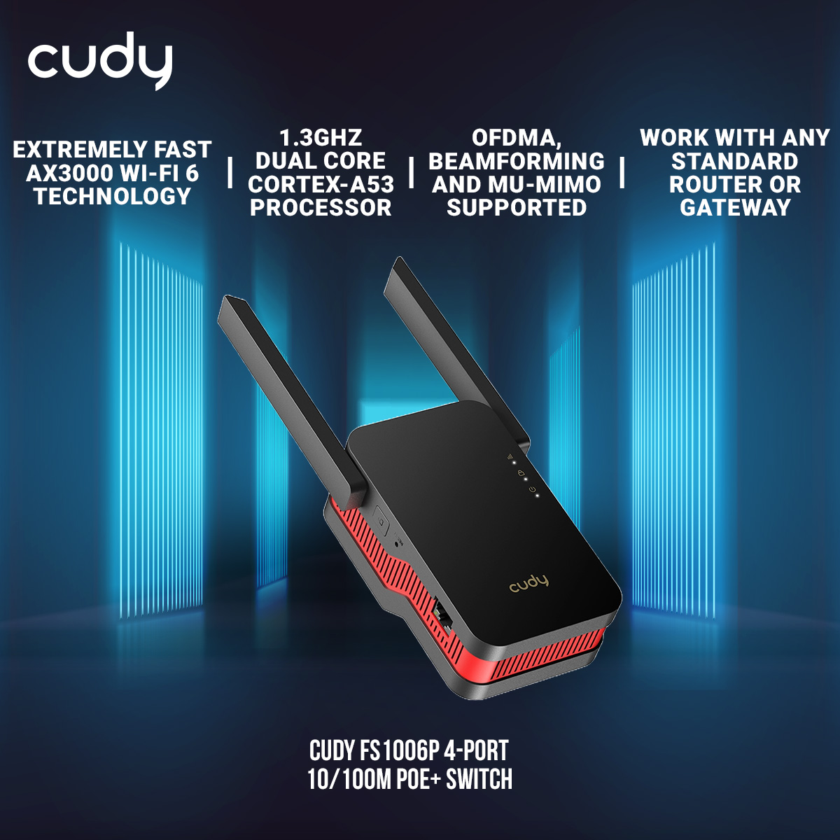 Cudy RE3000 AX3000 Dual Band Wi-Fi 6 Range Extender - Extremely Fast AX3000 Wi-Fi 6 Technology -  OFDMA, Beamforming and MU-MIMO Supported - Work with any standard router or gateway - Gigabit Ethernet ports to connect wired devices. 