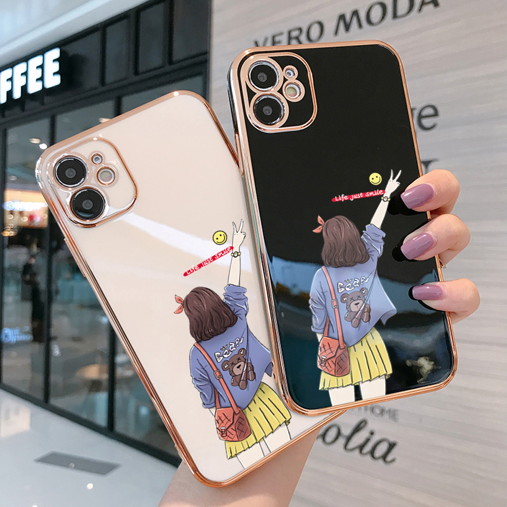 TA for Redmi Note 7 Note 7 Pro Back Cover + Free Lanyard Happy Girl Luxury 6D Plating Case Side Pattern Soft Silicone Square Phone Cases. 