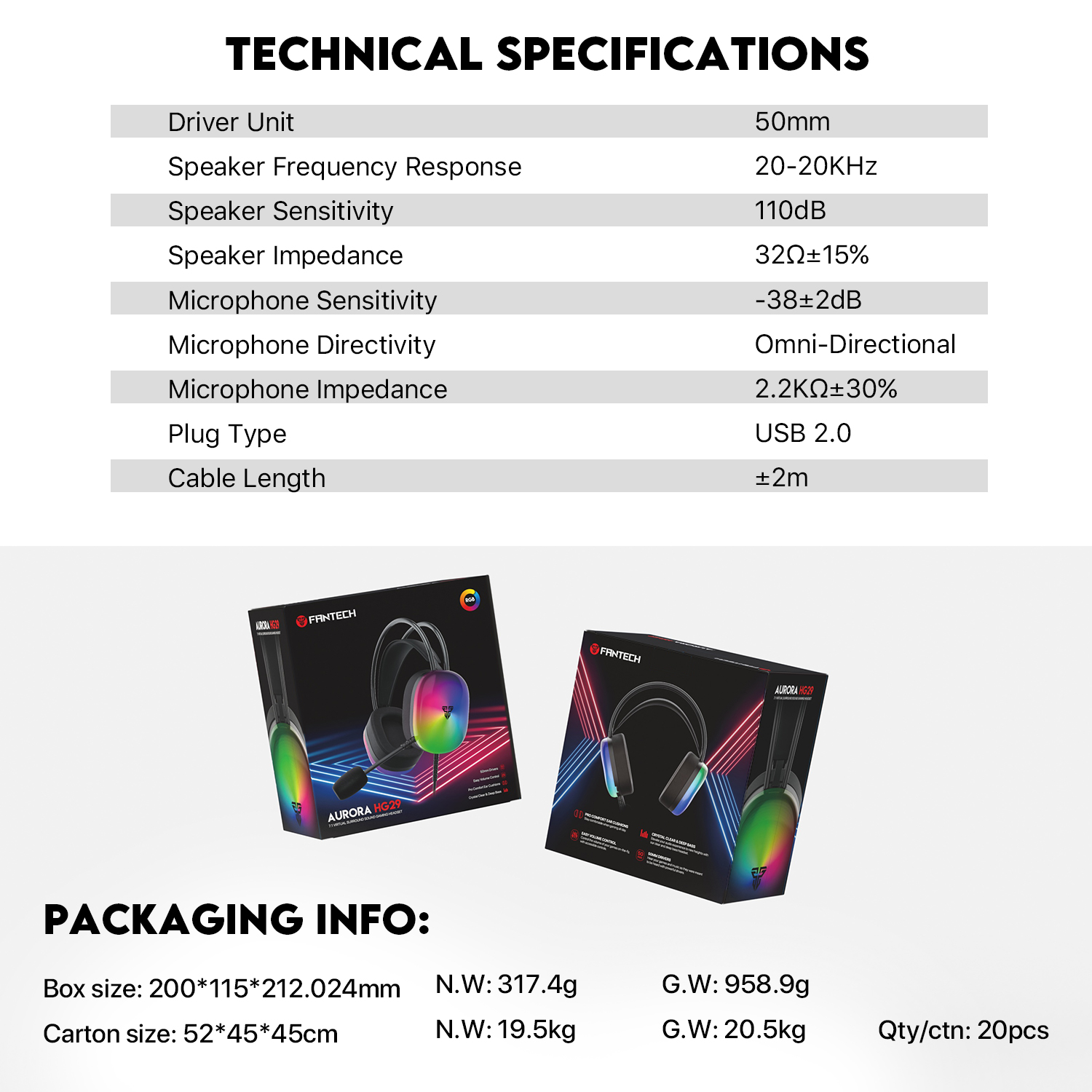 FANTECH HG29 Aurora USB 7.1 Surround Sound Gaming Headset RGB Lightning. 