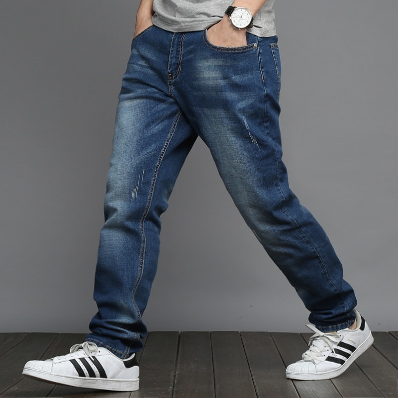 2020 Jeans Men's Elastic Straight Large Size 48 Men's Simple Style Black Blue Stretch Denim Pants Big Men Plus Size 5XL 6XL 7XL. 