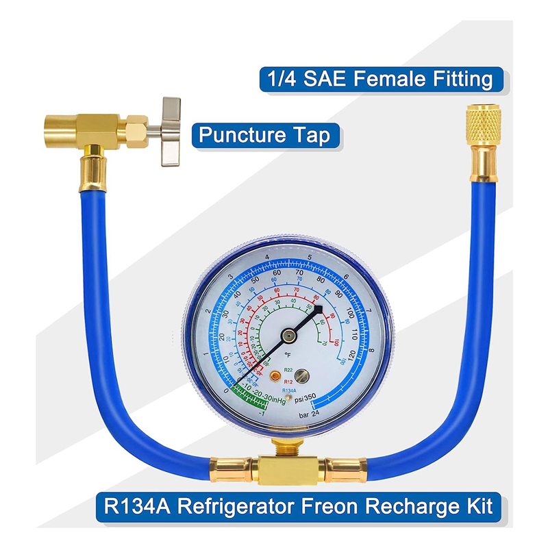 1Set ACR134A Refrigerator Freon Recharge Kit AC Charge Hose with Gauge Piercing Can Tap and Self-Sealing Adapter Blue 134A Refrigerator Recharge Kit. 