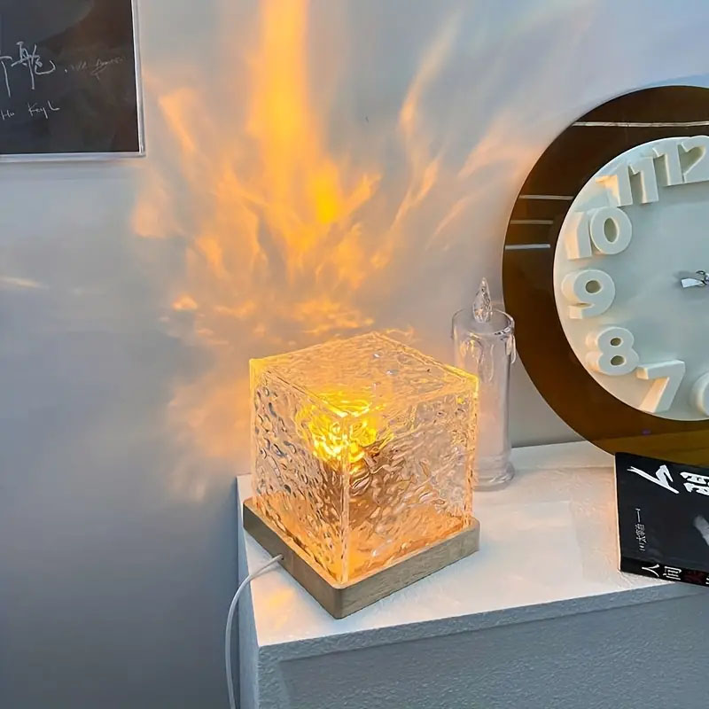 Dynamic Rotating Water Ripple Projector Night Light Water Ripple Cube Colorful Night Light Flame Crystal Lamp LED Table Lamp. 