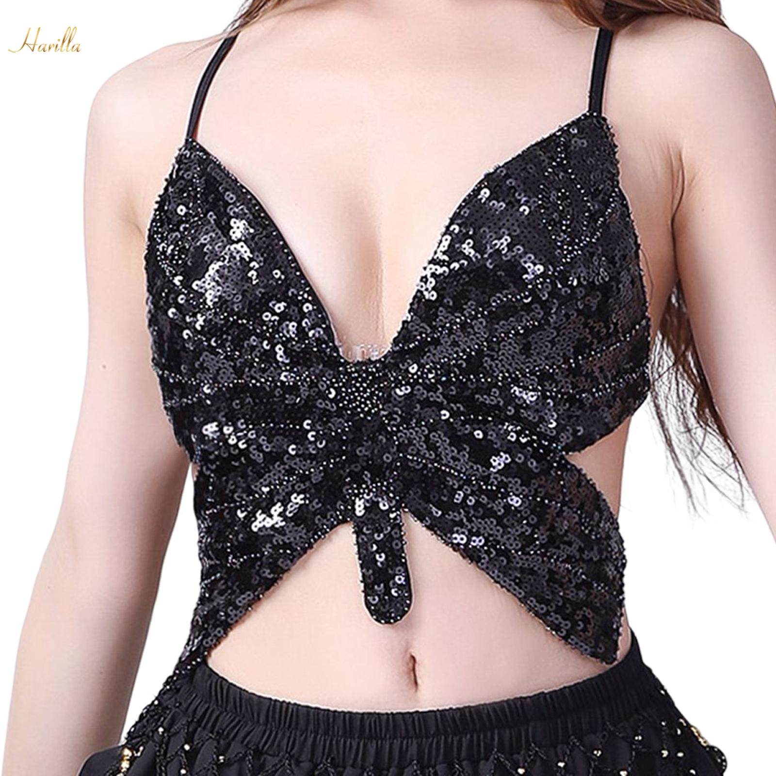 Shiny Sequins Butterfly Crop Costume Glitter Bra Tops for Halloween Black. 