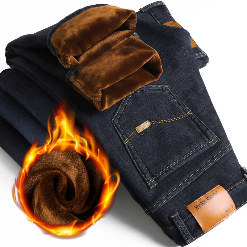 Fleece-Lined Thick Jeans Men's Loose Elastic plus-Sized over plus Size Overweight Man Middle-Aged Men's Deep Crotch Wide-Leg Fat Men's Pants. 