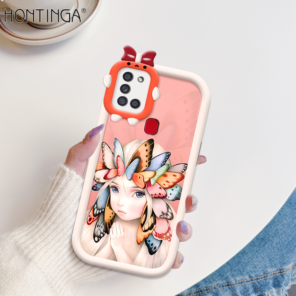 Hontinga for Samsung Galaxy A21S Back Cover Butterfly Girl Phone Case Monster Lens Camera Protection TPU Cover