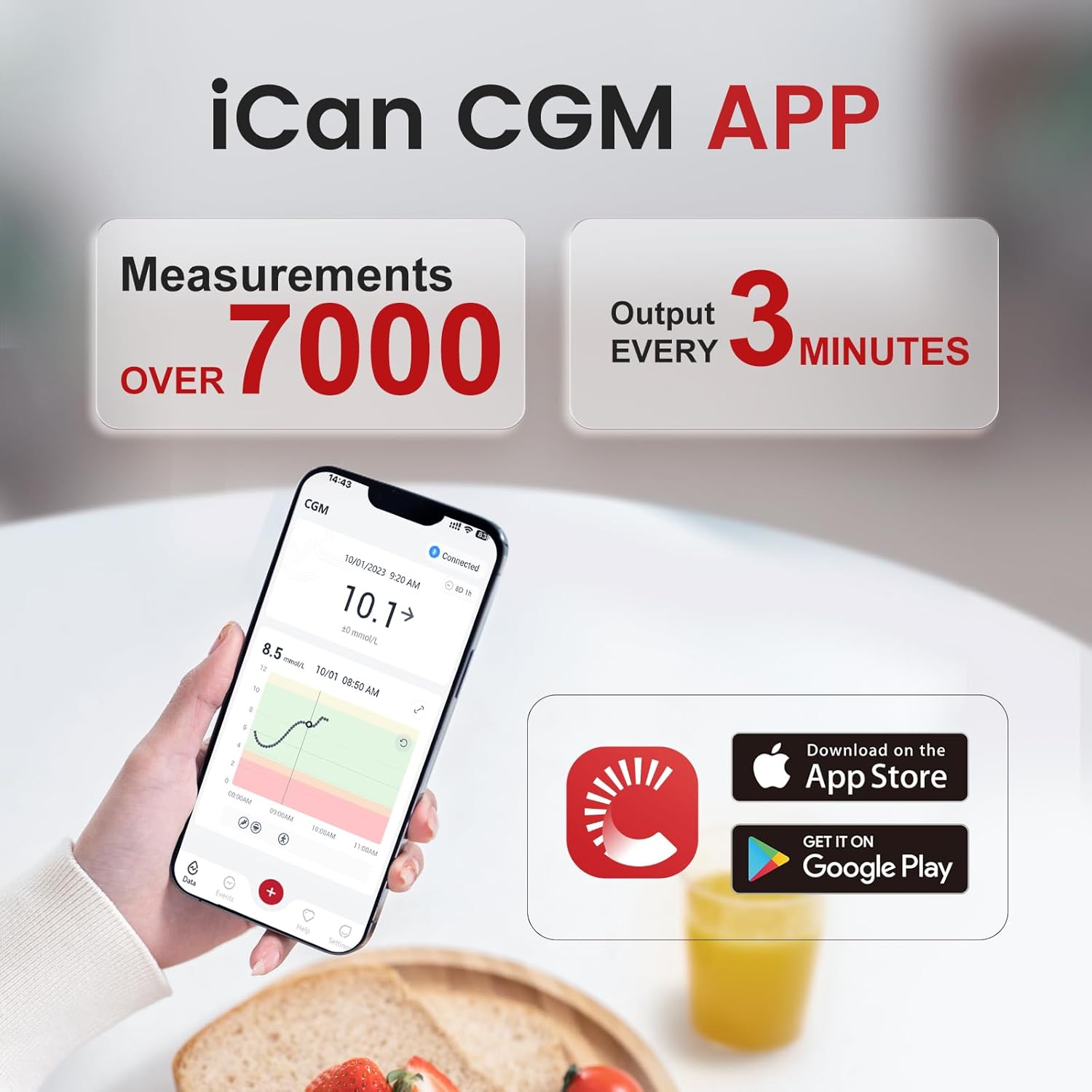 Sinocare 15 Days Continuous Glucose Monitoring System, No Scanning, Less Pain, Output Every 3 Minutes via iCan CGM APP, Blood Sugar Test Kit for Diabetes Monitoring, iCan i3 CGM (Pack of 1). 