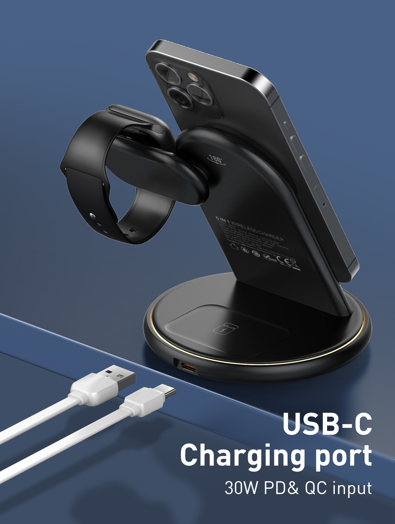 LDNIO Magnetic Wireless Charger Stand for iPhone/ iWatch/ AirPods Pro 2nd, Compatible with iPhone 12/13/14/15 Series, for iWatch S1/S2/S3/S4/S5/S6/S7/S8/S9/S10/Ultra/SE, for AirPods Pro 2nd/AirPods 3nd, Built-in Dimmable Night Light. 