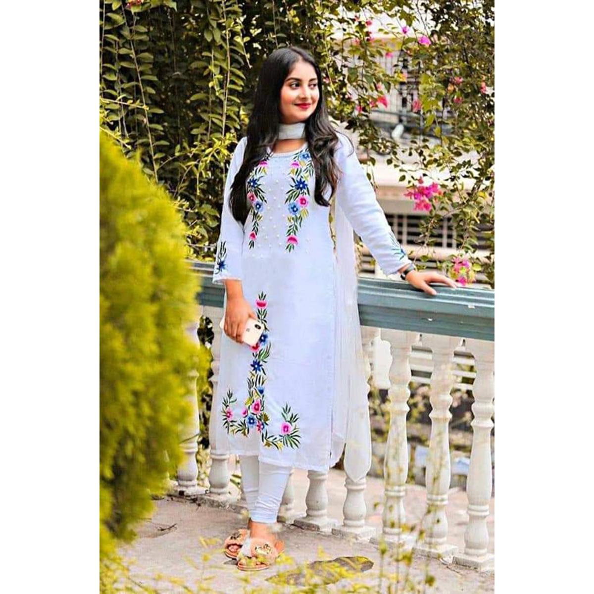 Dubai Cherry Georgette Fabrics Three Piece with Screen Print Embroidery - Elegant Choice for Regular Wear - Easy to Maintain
