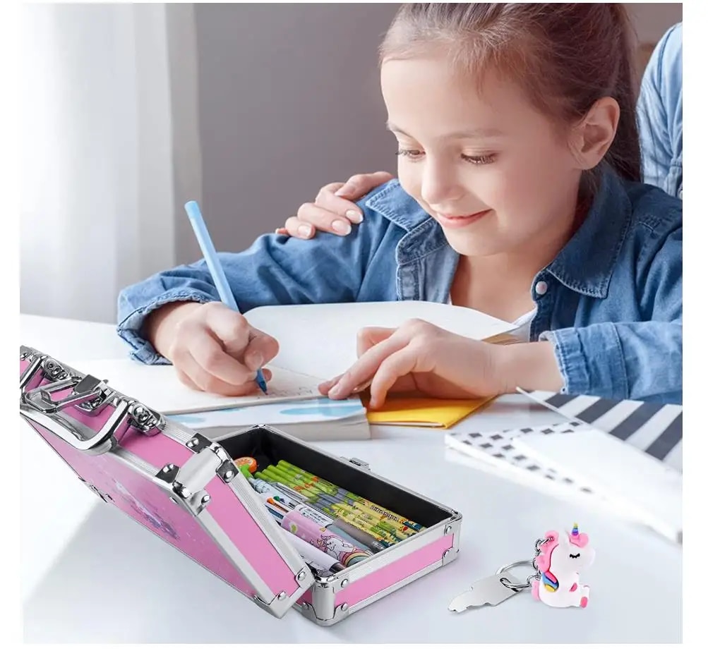 Unicorn Pencil Box for Girls Kids, Lock Box for School with Portable Handle and Uncorn Keychain, Pink Pencil Box, Cute Unicorn S. 