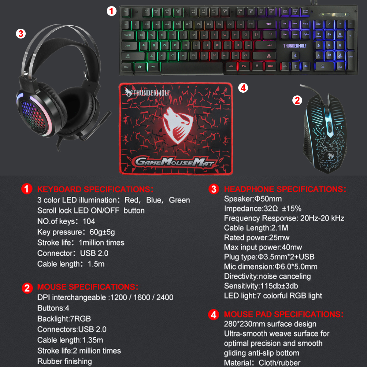 T-Wolf TF400 4Pcs Gaming Devices Set 104 Keys LED Backlit Gaming Keyboard 2400 DPI Mouse 50mm 3.5mm Wired Headset Anti-slip Mouse Pad Combo MA. 