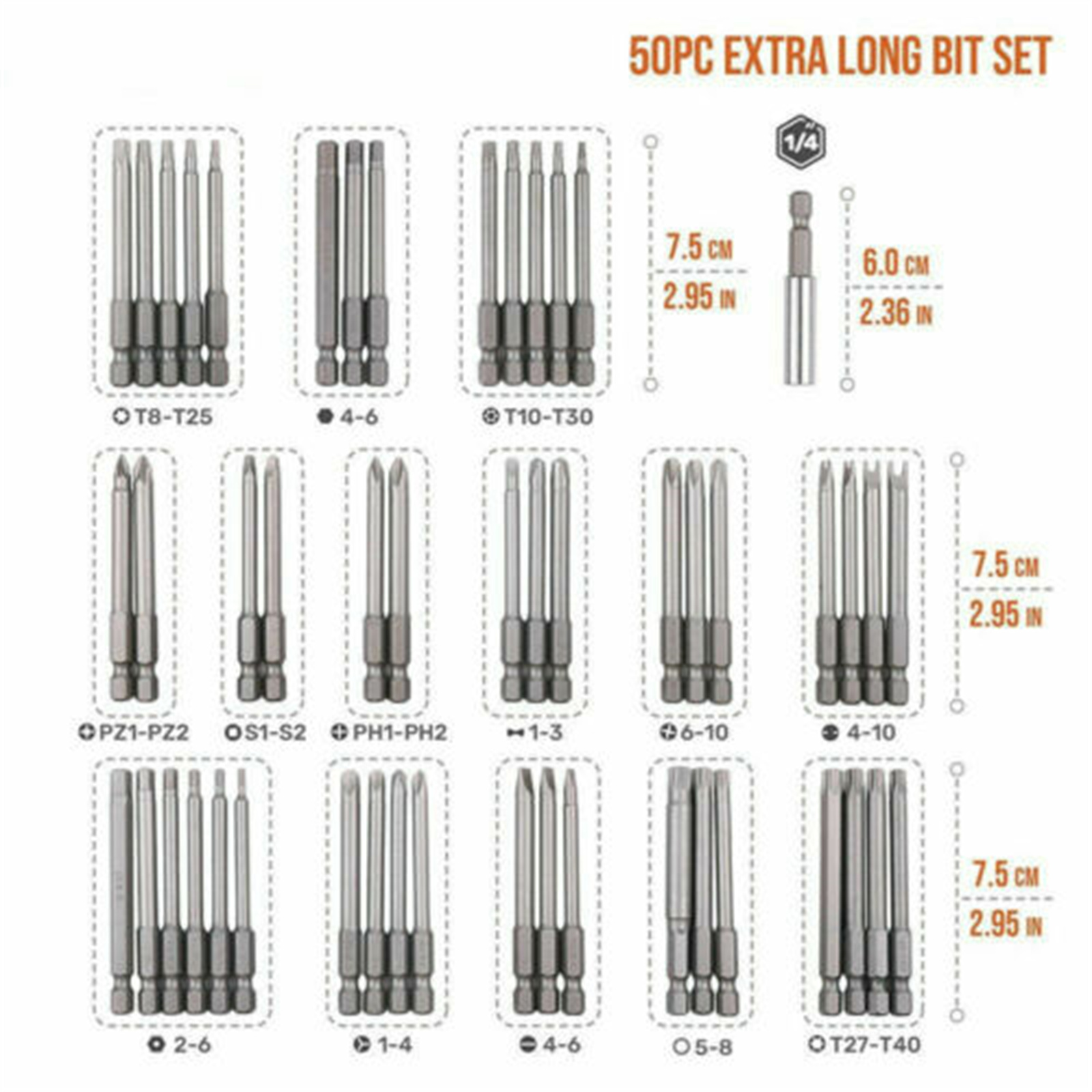 50pcs Extra Long Security Drill Bits Portable Hex Torx Star Flat Screwdriver Bit Set With Sturdy Box. 