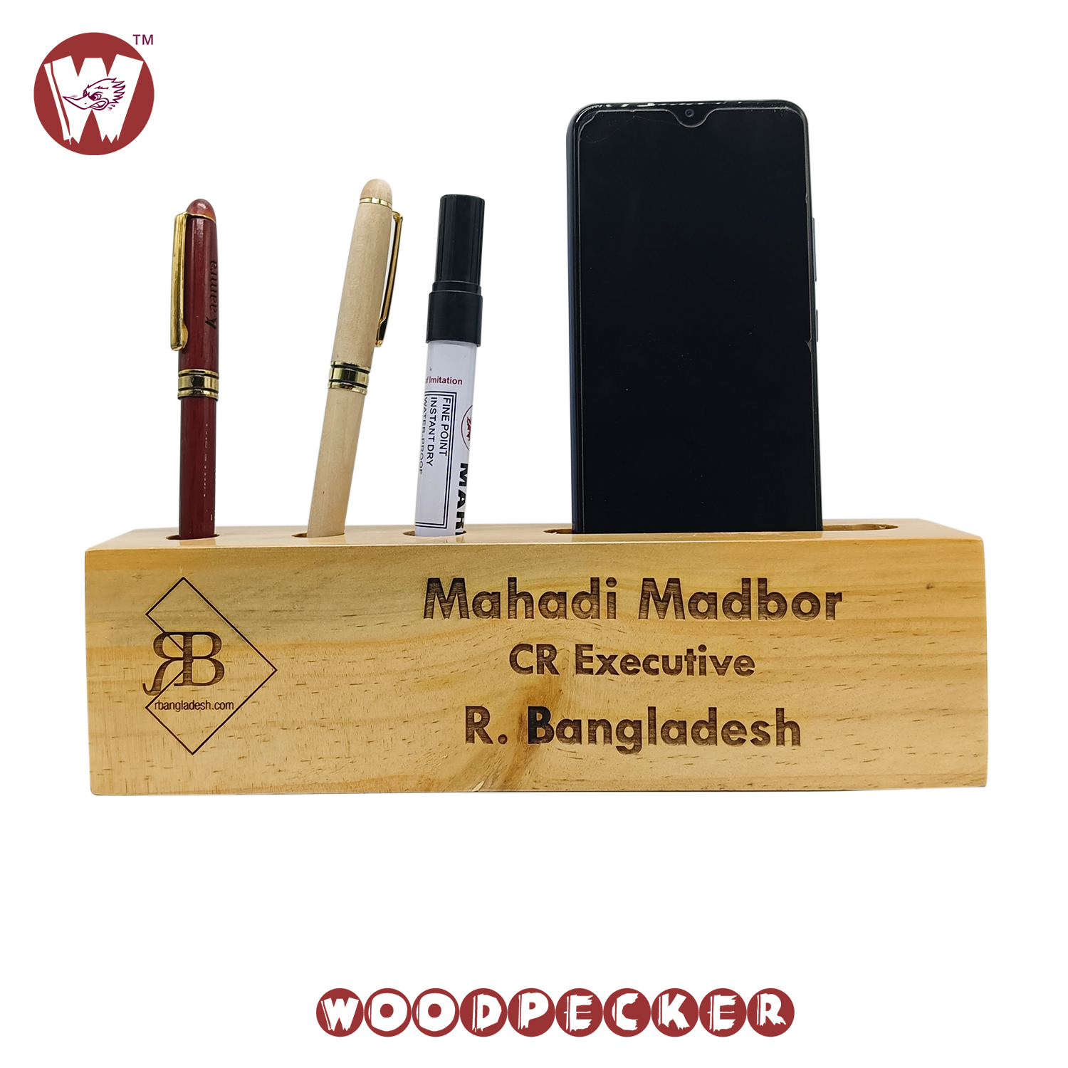 Customizable Pine Wood Table Nameplate with pen, mobile card holder for Office Desk. 