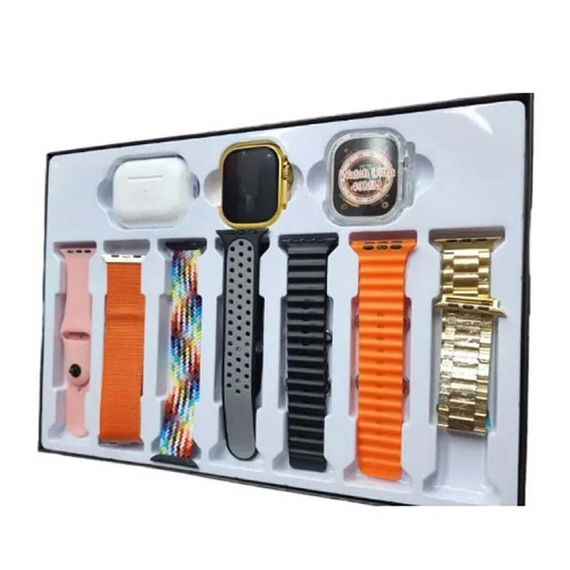 H20 Smart Watch 10 in 1 Set Bluetooth Calling Smartwatch | Wireless Charging, AirPods, Multiple Watch Faces, Voice Assistant, Music Control, Golden Strap & 6 Extra Bands | TWS Smartwatch for Men & Women. 