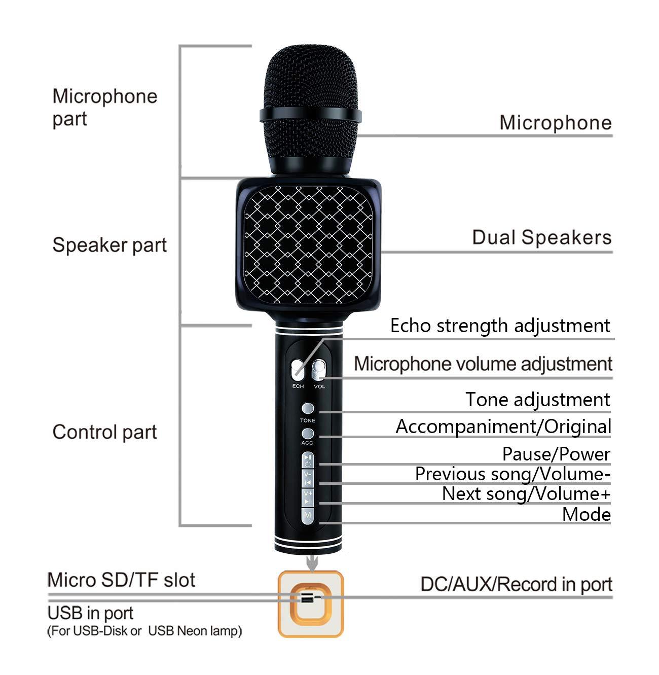 Professional Portable Wireless Karaoke Microphone Handheld Cellphone Karaoke Player Support USB/ Micro SD card/ MP3 Player & Bluetooth. 