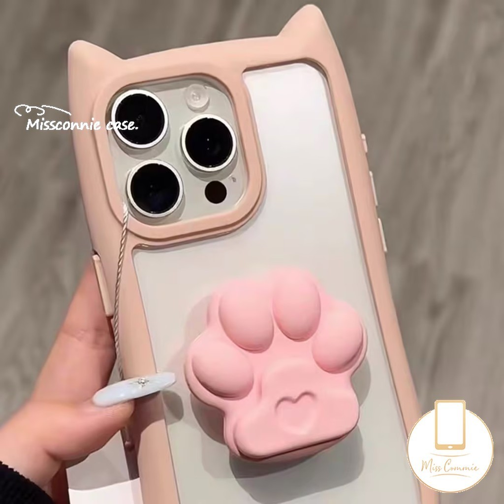 Cute Cat Scratch Bracket Braided Bracelet 2 In 1 Acrylic Simple Candy Solid Color Case Compatible for IPhone 15 11 13 12 14 Pro Max 15 14 13 12 Pro 12Pro Cartoon Cat Ear Soft Case. 