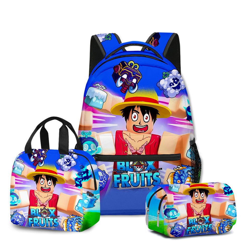 3D new ROBLOX game blox fruits schoolbag backpack for primary and secondary school students lunch bag pencil case three-piece set. 