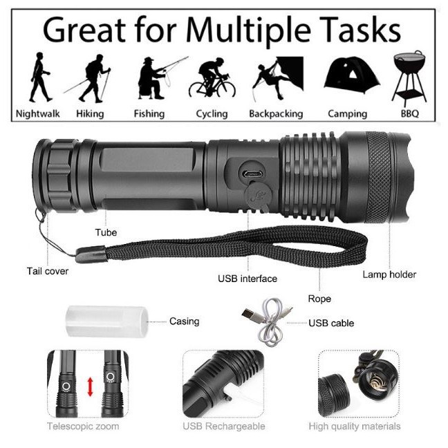 XHP50 Led Torch Light Rechargeable Type C LED Flashlight USB Zoom Torchlight Led Torch Light. 