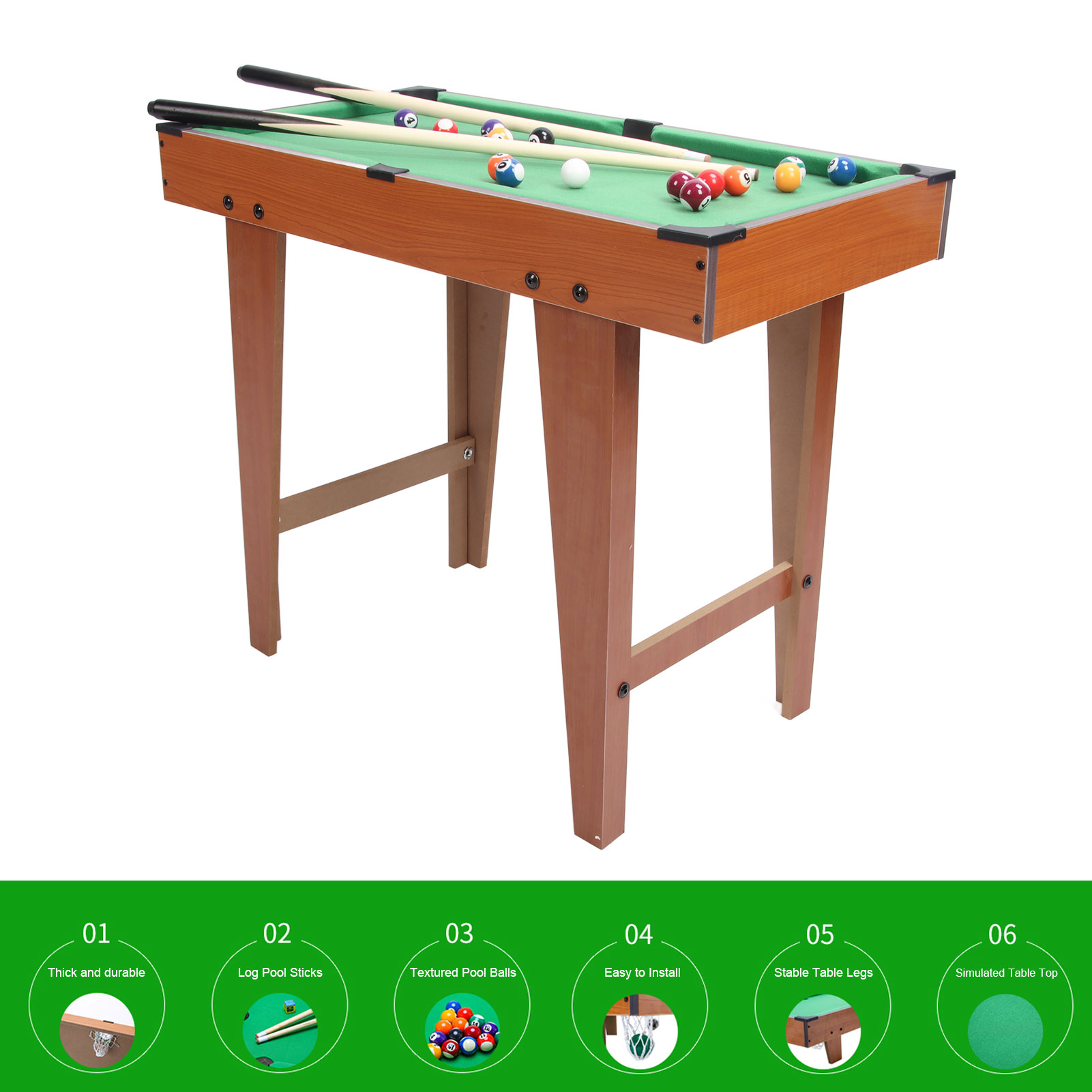 Tabletop Pool Table for Kids, Billiards Table for Kids Portable 1 Cue Ball 1 Racking Triangle 2 Pool Sticks 15 Colored Balls 1 Brush for Family Game Room. 