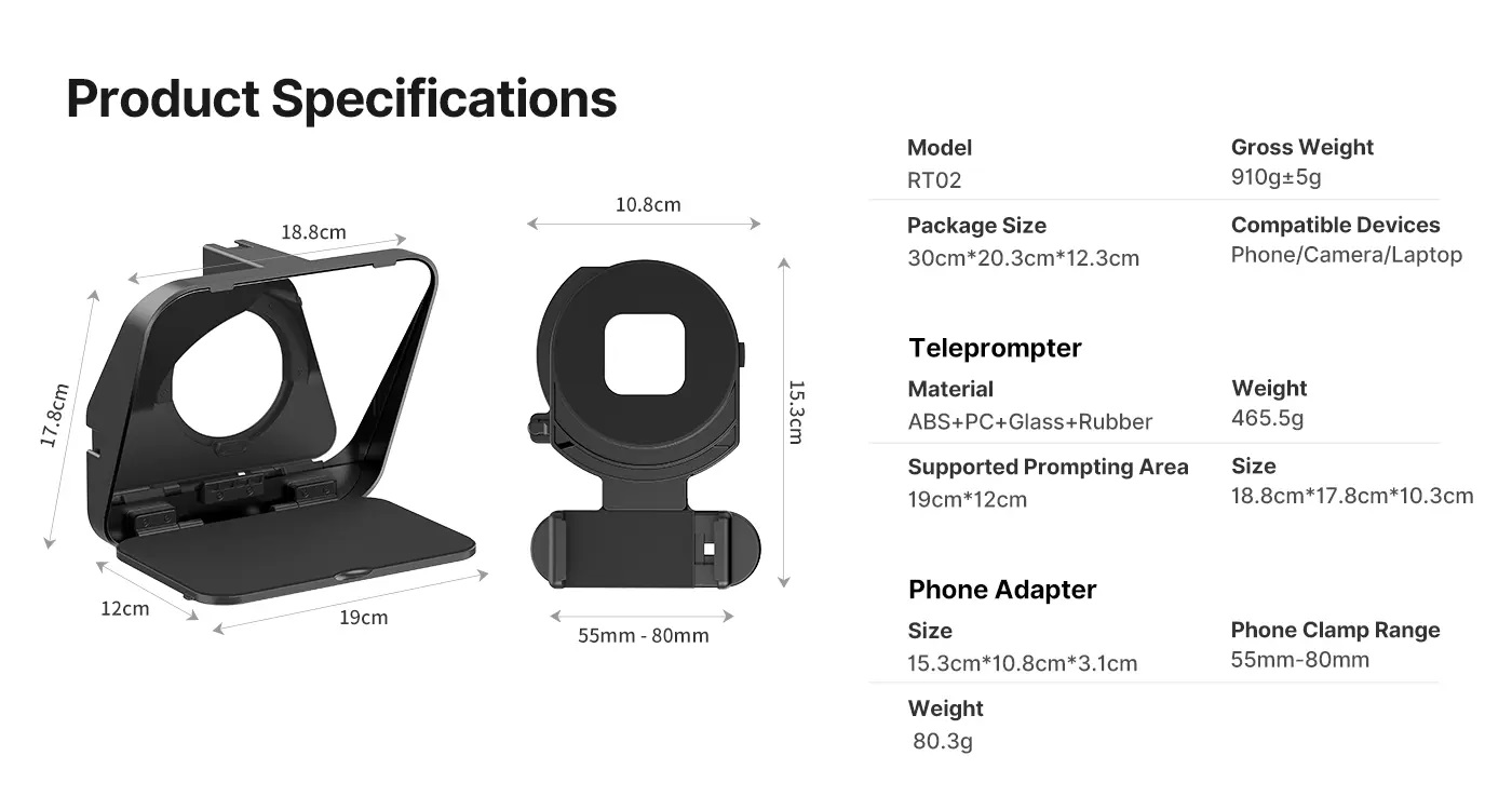 ULANZI RT02 Universal Teleprompter for Camera, Tablet, Smartphone with Remote Control. 