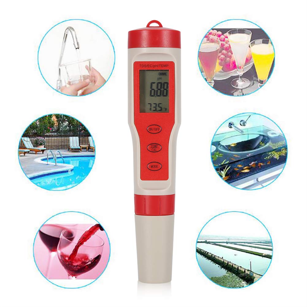 Professional TDS PH meter PH / TDS / EC / temperature meter 4 in 1 digital water quality tester kit for swimming pools aquariums-Red. 