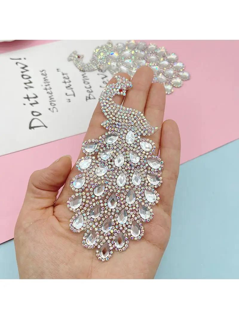 2pcs/lot 4CM Sparkling Rhinestone Flower Peacock Pattern Clothes Patches Fashion Sequined DIY Appliques Bling Iron On