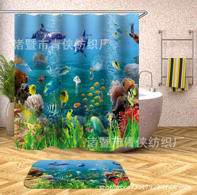 Factory e-commerce wholesale volume, high price, excellent polyester digital printing shower curtain floor mat four-piece set, toilet three-piece set, dolphin. 