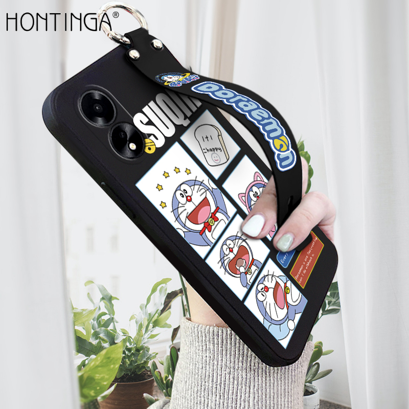 Hontinga for OPPO A18 A38 Back Cover Wrist Strap Cute Doraemon Phone Case Square Liquid Silicone Mobile Cover