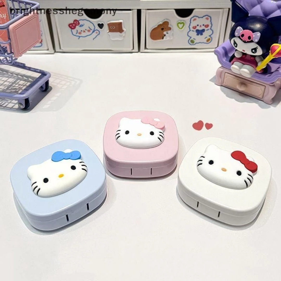 New Hello Kitty Big Size Round Square Shape Contact Lenses Storage with Mirror, Applicator,Tweezer and solution Bottle for tour,travel and Outdoor new design and authentic quality Travel Kit for all kind Of Contact lens  #hellokitty. 
