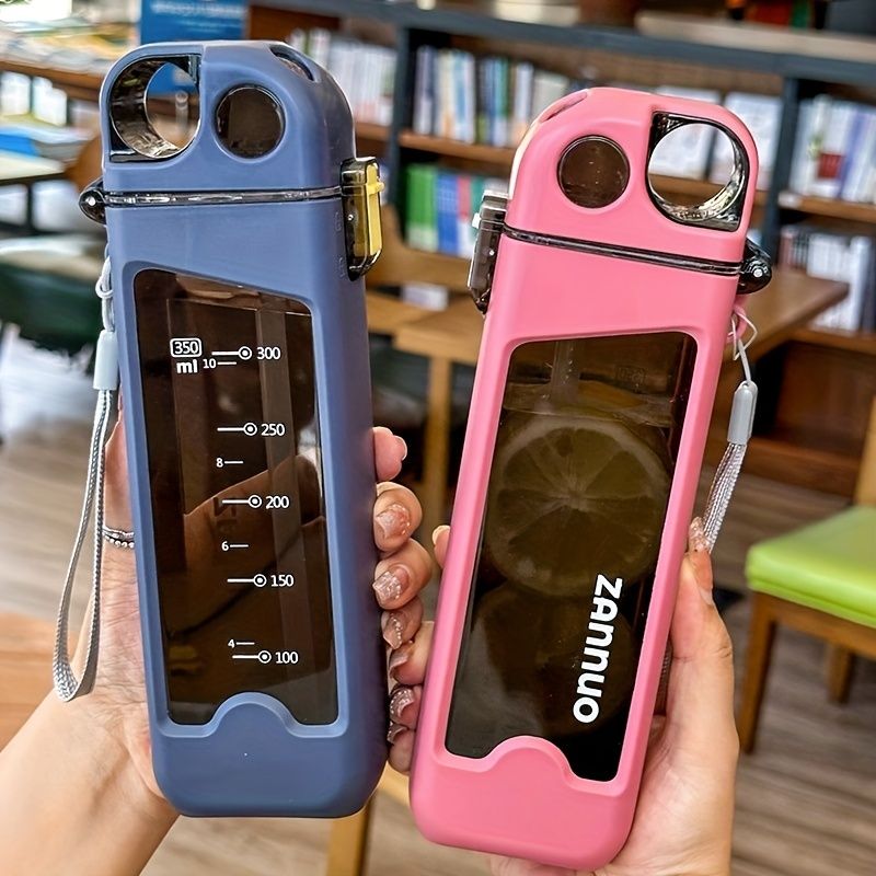 1 pcs Drinkware Plastic Double Layer With Lock Spring Cap, Straw Cup, Flat With Scale, Outdoor Sports Kettle, Water Bottle