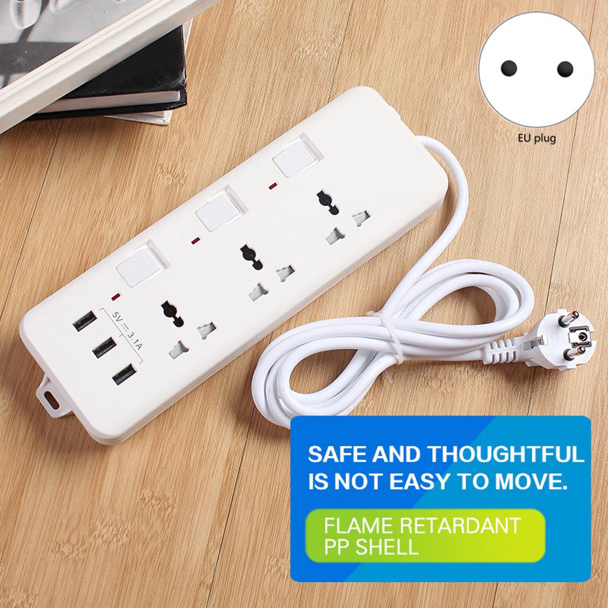 Power Strip with 3 Outlets and 3 USB Charging Ports 16.4 Ft Long Extension Cord for Smartphone Tablets Office EU Plug