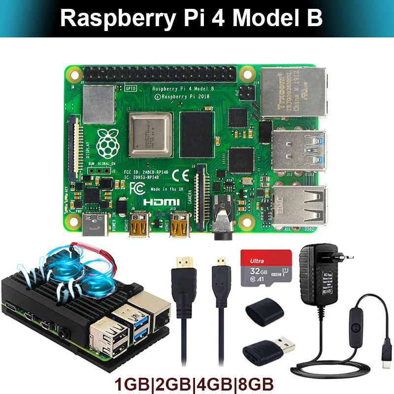 Raspberry Pi 4 Kit 8G 4G 2G 1 GB RAM + Case + Fan + Heat Sinks + Power Adapter + Video Cable Optional 32 64 GB TF Card for RPI 4. 
