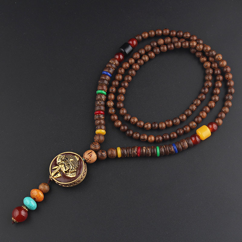 Retro versatile casual ethnic style wooden necklace long sweater chain women's accessories cotton and linen pendants men's agate pendant