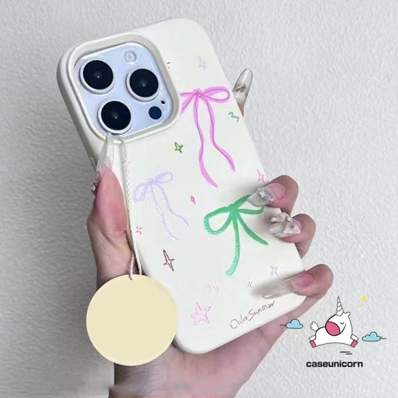 Cartoon Retro Colorful Bow Case Compatible for IPhone 15 12 13 11 14 16 Pro Max XR X 15 14 16 Plus XS Max Creative Cute Graffiti Painting Luxury Leather Texture Skin Feel Soft Case. 
