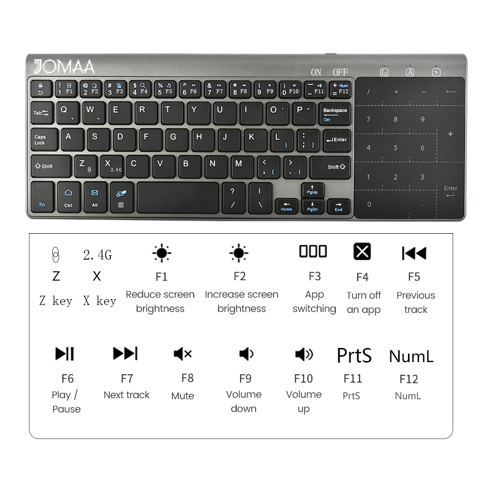JOMAA 2.4G+Bluetooth Keyboard with Touchpad Mouse Numberic Pad Wireless Keypoard for iPad Tablet Smart TV Computer. 