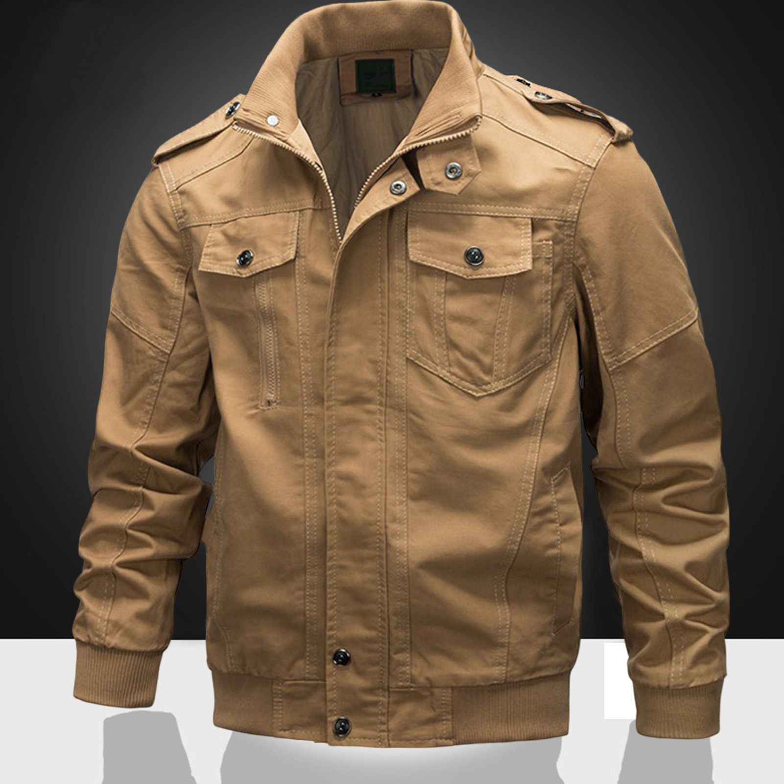 Bomber Jacket Ribbing Bottom Zipper Buttons Decoration Coat. 