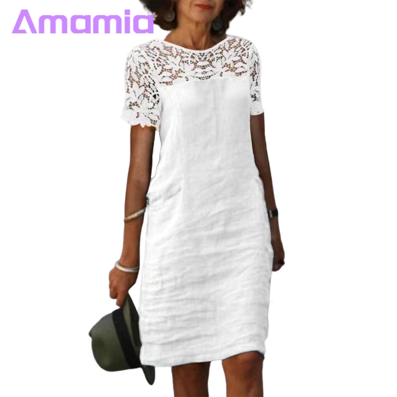 Amamia Ladies Dress Lace Stitching Pure Color Women Summer Dress