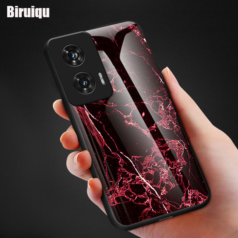 Biruiqu For Motorola Edge 50 Fusion Shockproof Fashion Marble Tempered Glass Back Case Cover