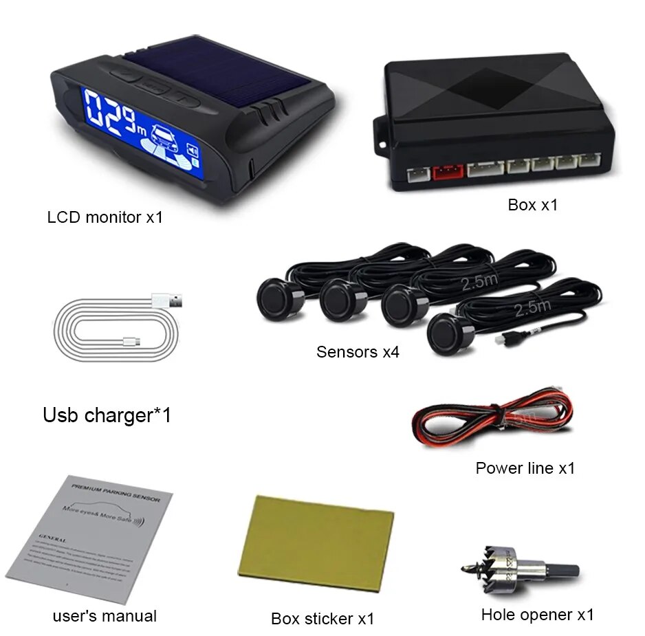 Matte Black-Wireless-QXNY Wireless Car Parking Sensors Kit for Vehicle Backup Radar Parktronic Solar Auto Charging LCD Monitor Detector System 12/24V. 