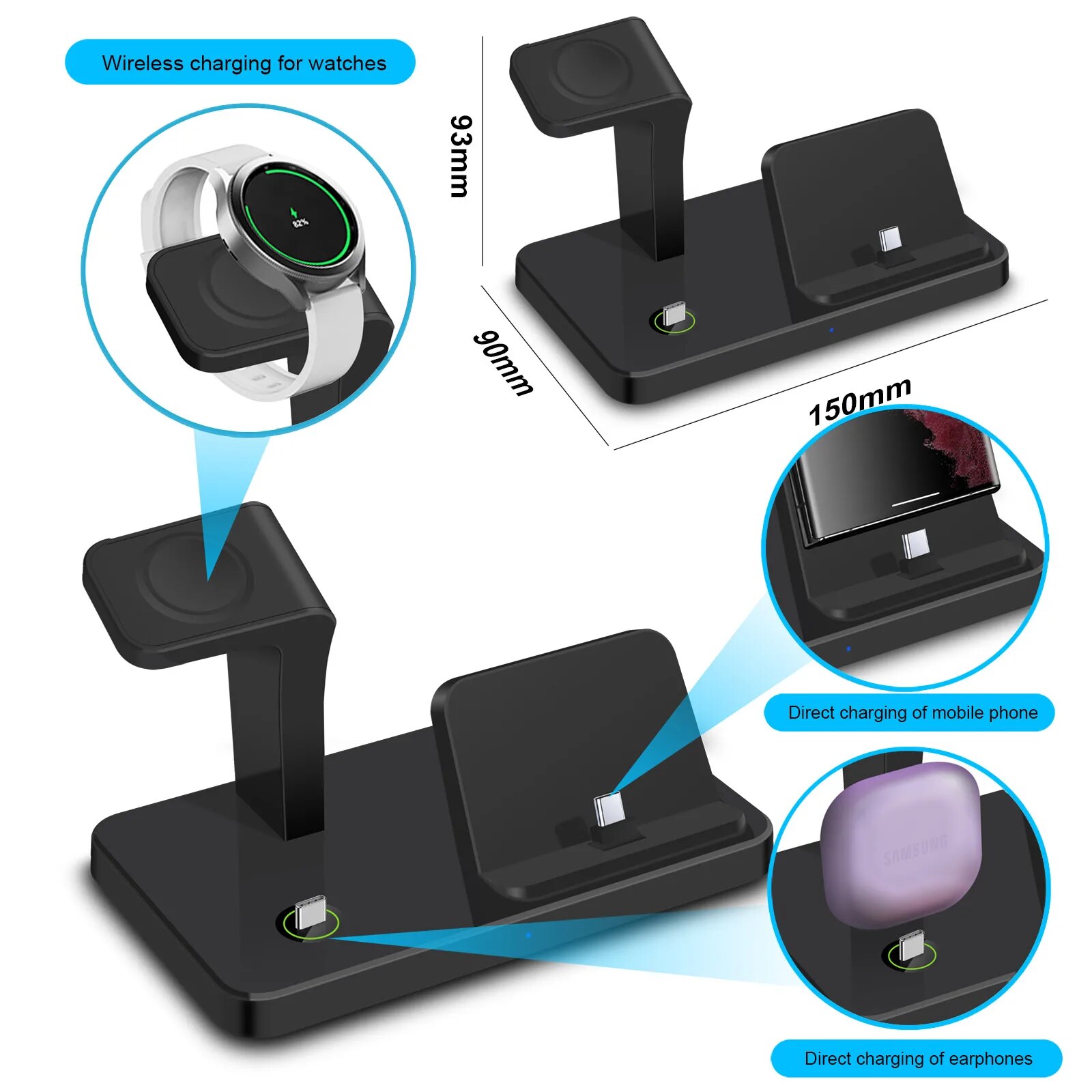 Charging Station for Samsung S23 Ultra S22 S21 Note20 10 Z Flip Fold 3 in 1 Fast Wireless Charger For Galaxy Watch 5 Pro 4 Buds. 