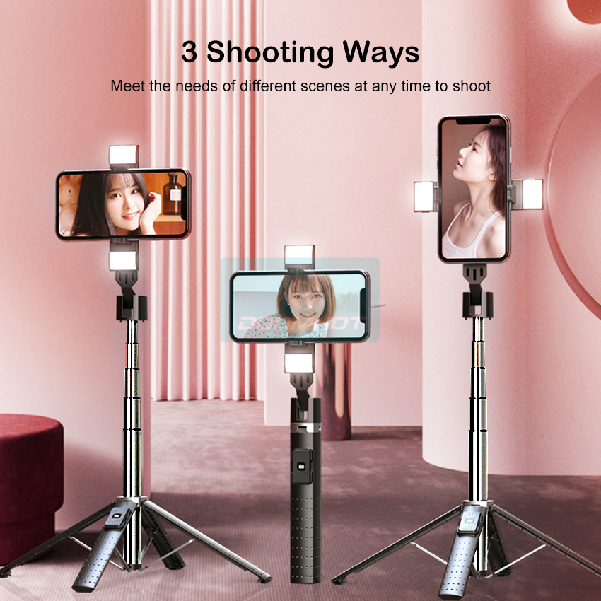 DoomHot P04 Bluetooth Selfie Stick Stretchable Holder Portable 3 Colors LED Fill Light Anti-Shake Stabilizer Adjust 360°Rotating Stand Holder Self-Timer Artifact Rod. 