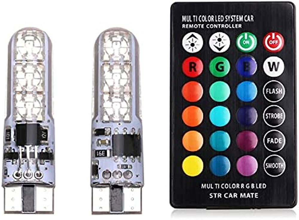 T10 LED Parking Light Bulbs for Motorcycle & Car 2PCS RGB  W5W 5050SMD Multi-Color Remote Control Bulb (16 Colors) 12V Waterproof Wedge Light for Bikes, License Plate, Dome Light (with 24-Key Remote). 