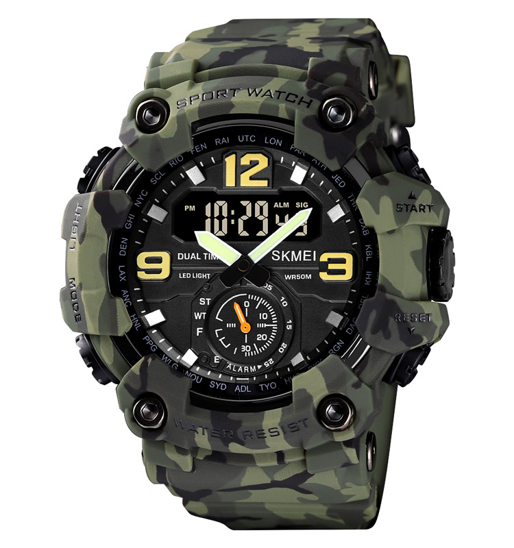 SKMEI 1637 Army Green Camouflage PU Dual Time Watch For Unisex - Army Green Camouflage