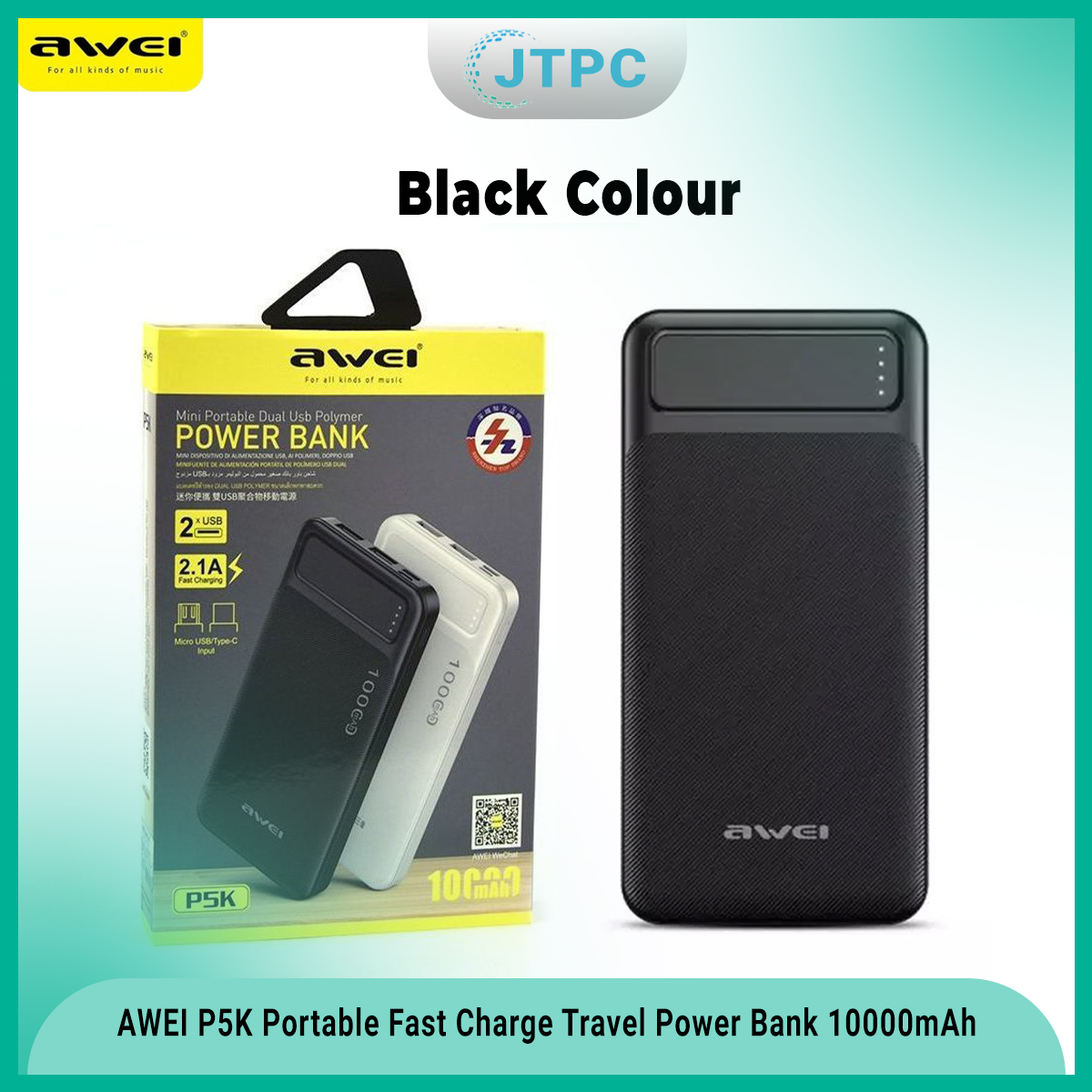AWEI P5K Portable Power Bank 10000mAh Power bank Dual USB A Type c Micro Dual input Fast Charge Travel Powerbank For Mobile Phone