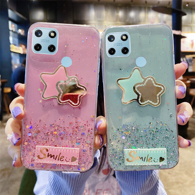 Phone case Realme C25Y Shiny Ring Case Glitter Soft Transparent Full Star Mirror Cases For Realme C25Y Back Cover Stars Moon Girls
