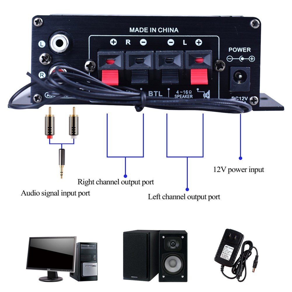 AK370 Mini Audio Power Amplifier Portable Sound Amplifier Speaker Amp for Car and Home. 