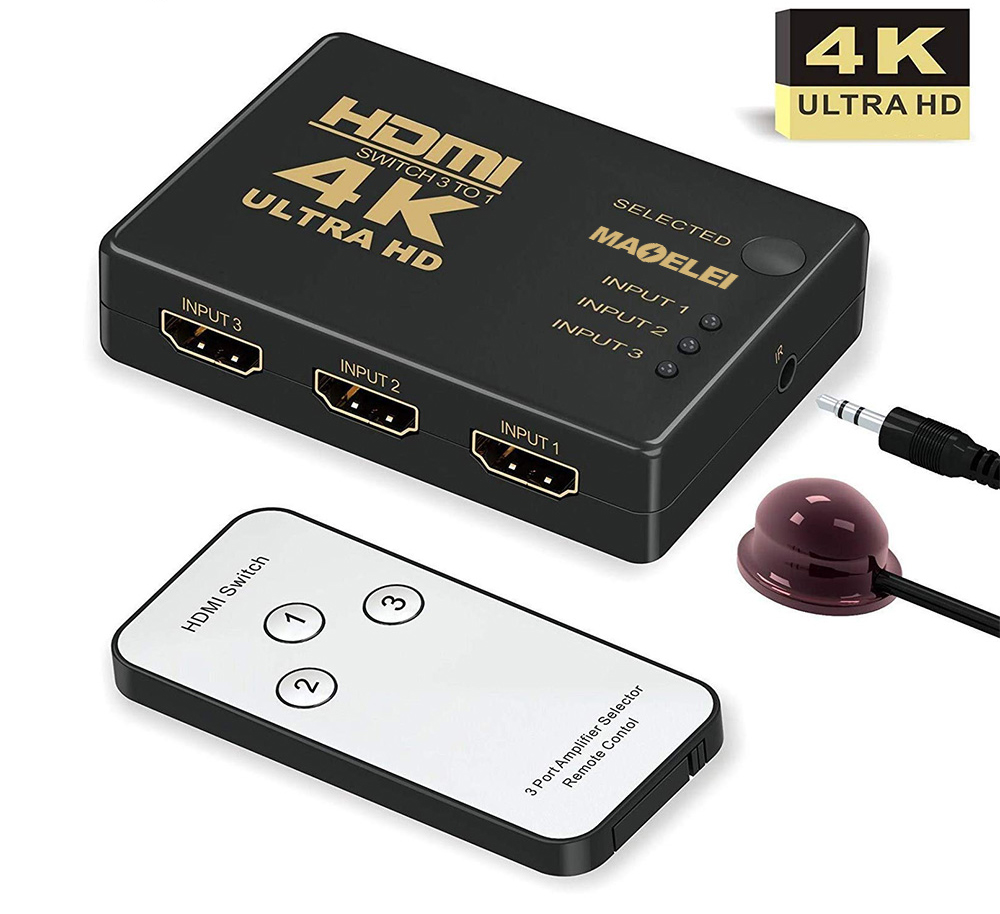 HDMI Splitter 3 Port HDMI Switch 3x1 3 in 1 out 3d 4K HDMI Switch Switcher Splitter Hub Adapter with IR RF Remote. 